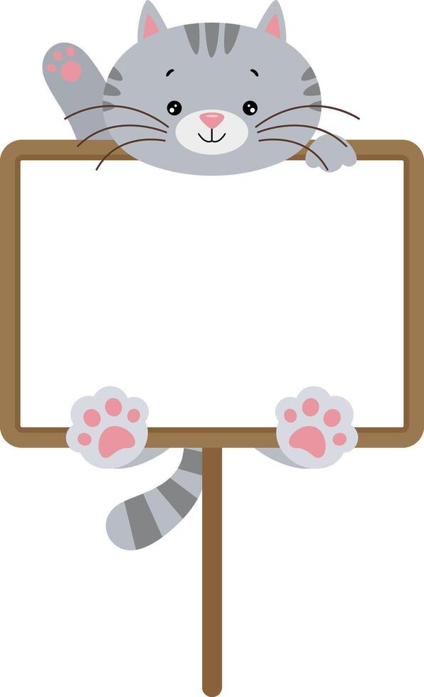 schattig kat golvend hangende een blanco uithangbord vector