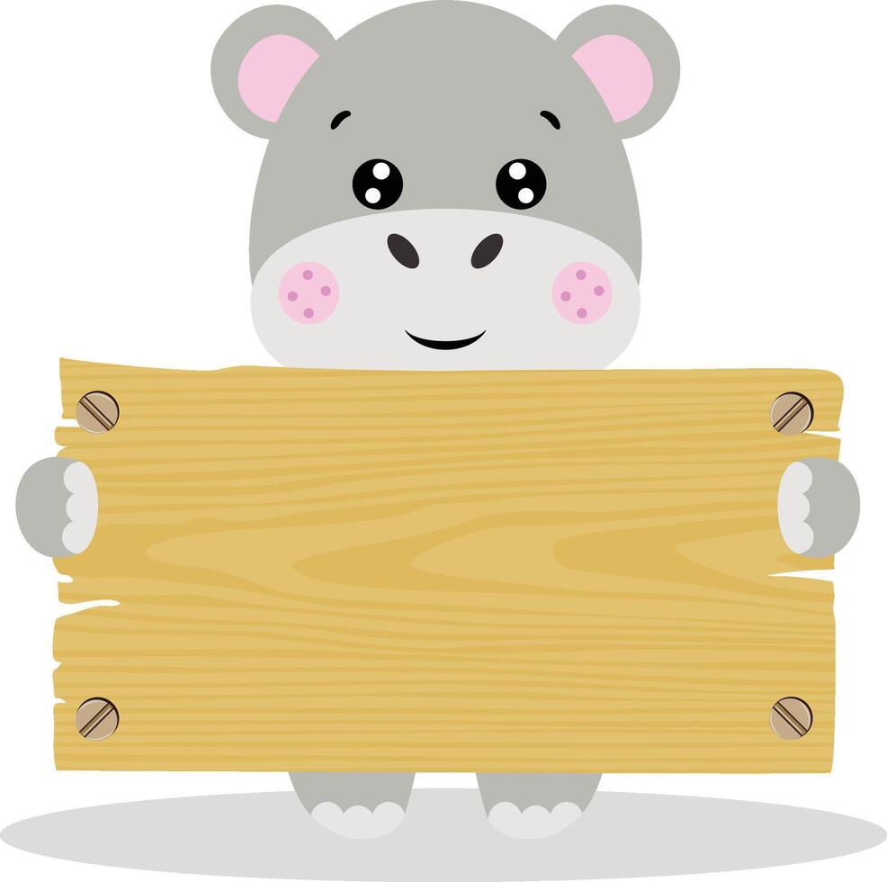 grappig nijlpaard met houten uithangbord vector