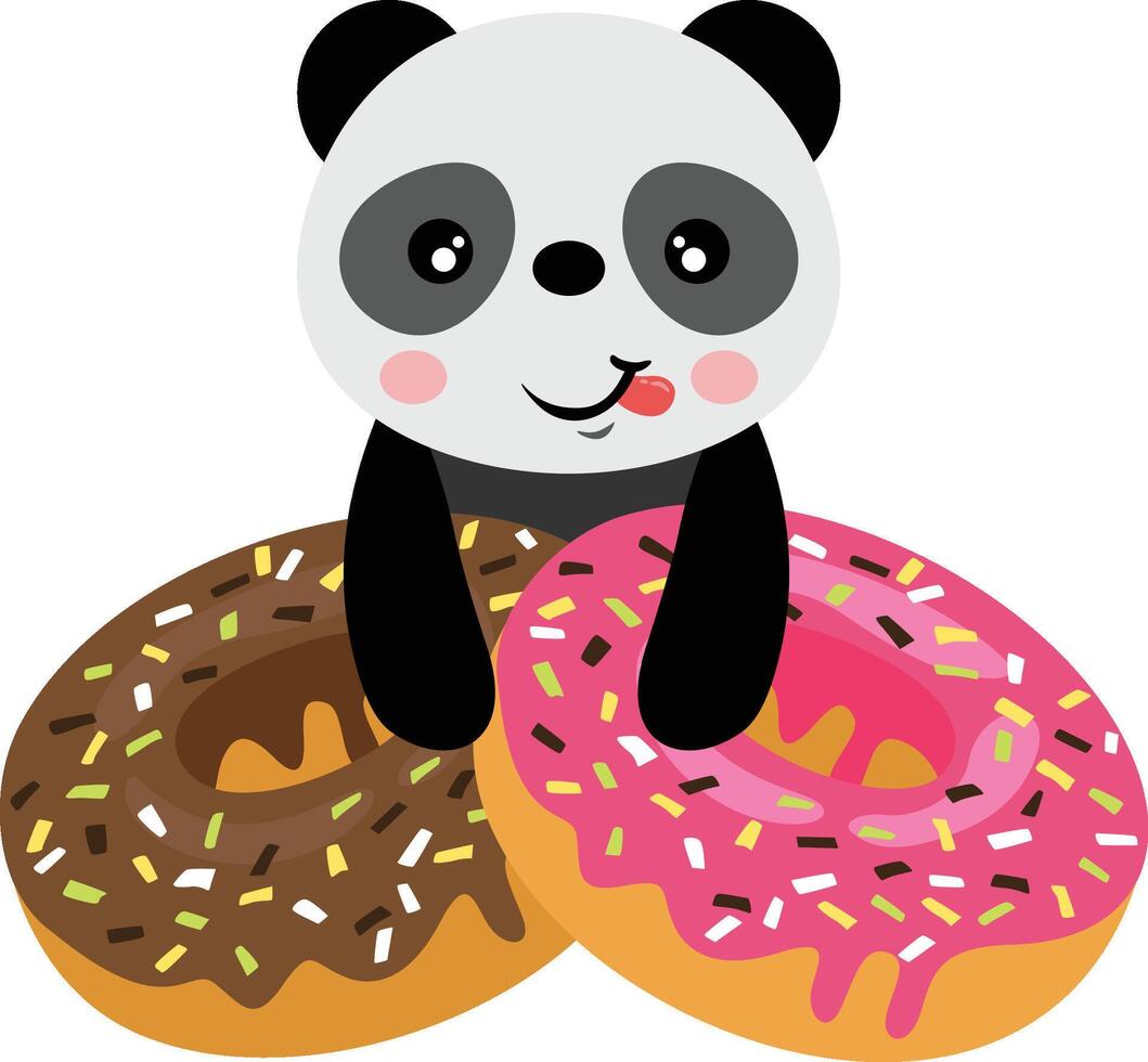 grappig panda met aardbei en chocola donuts vector
