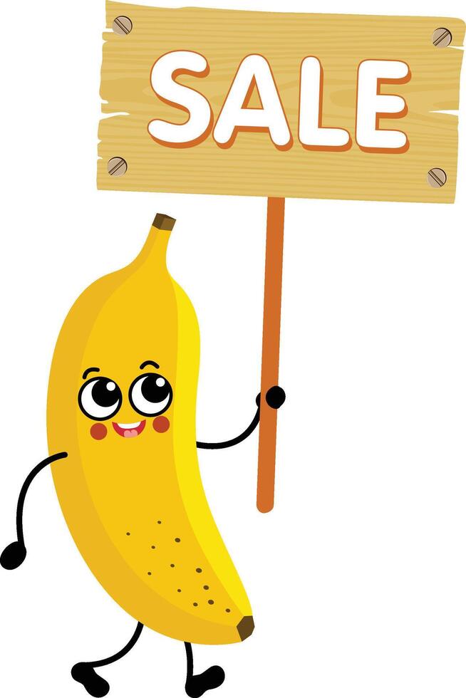 grappig banaan mascotte Holding een houten teken met uitverkoop opschrift vector