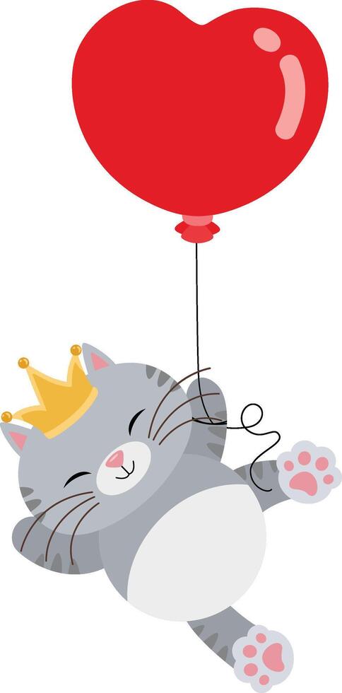 schattig koning kat vliegend met een hart vormig ballon vector