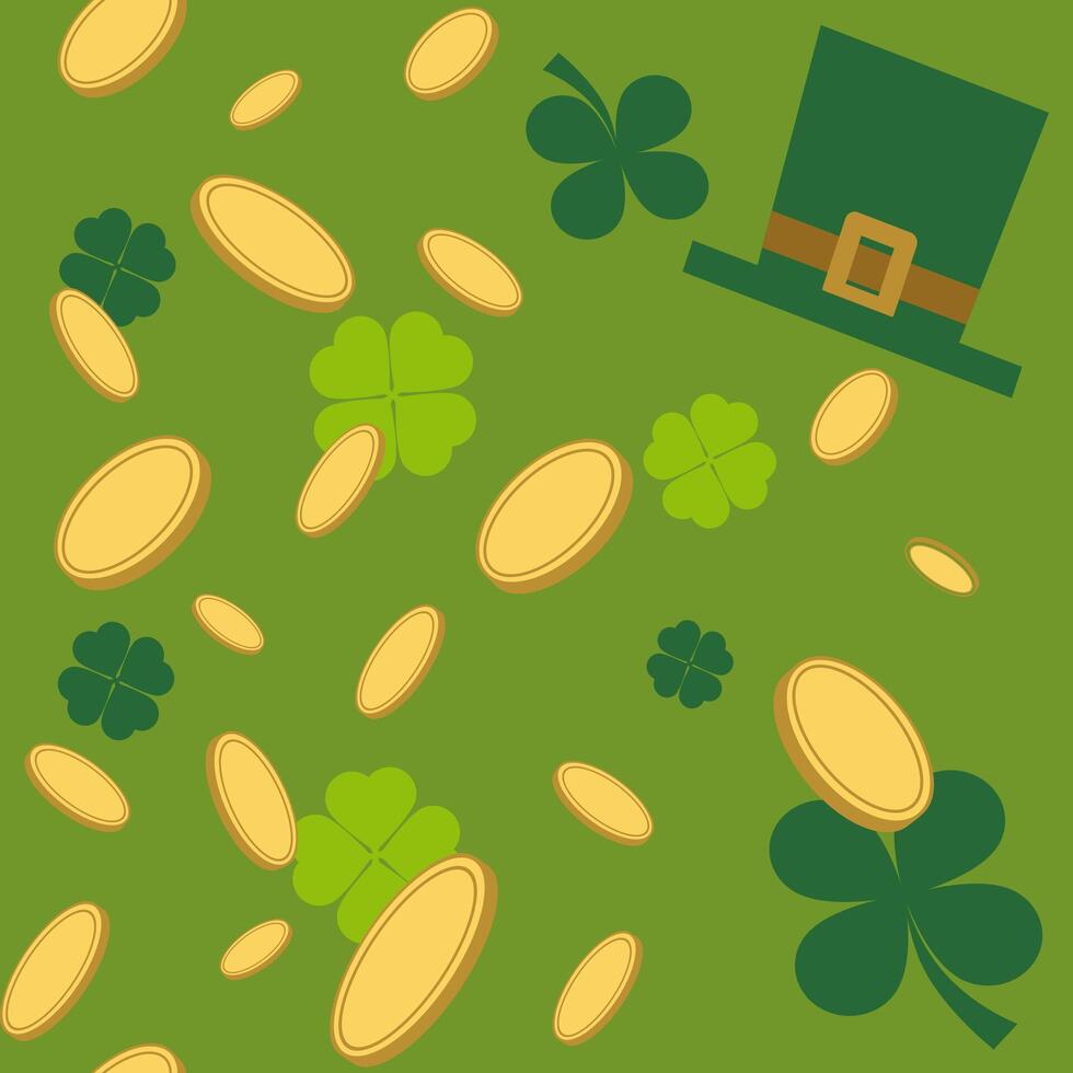 st. Patrick dag naadloos patroon. kabouters hoed en Klaver met goud munten ontwerp elementen. vector