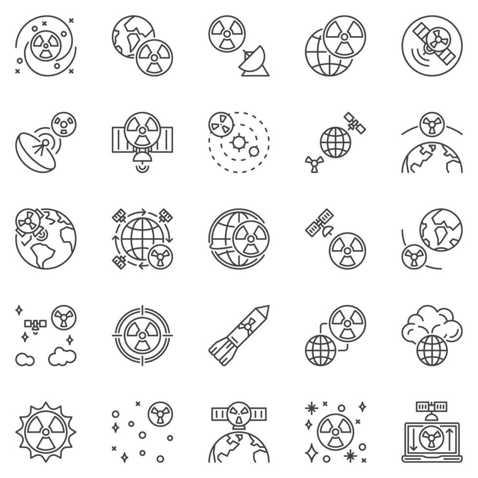 kernwapens in ruimte schets pictogrammen reeks - op de ruimte gebaseerd nucleair wapens, raket lijn concept vector symbolen