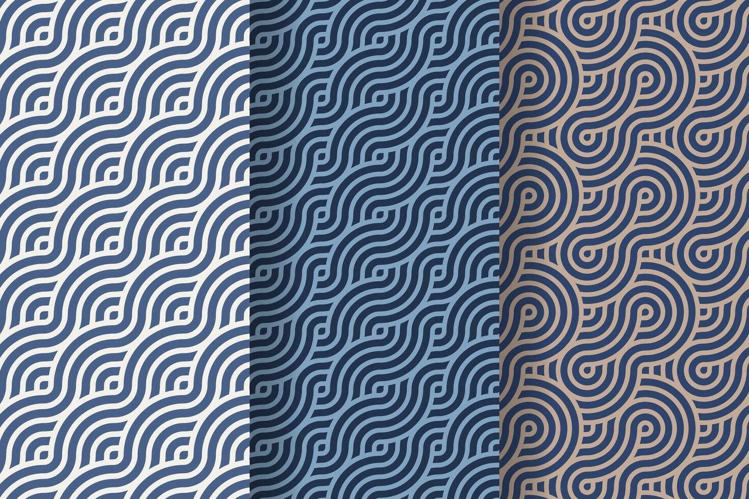 reeks van Japans Golf meetkundig naadloos patroon, gebeld seigaiha, concentrisch cirkels, vis schaal imitatie, traditioneel oosters kunst, vector illustratie