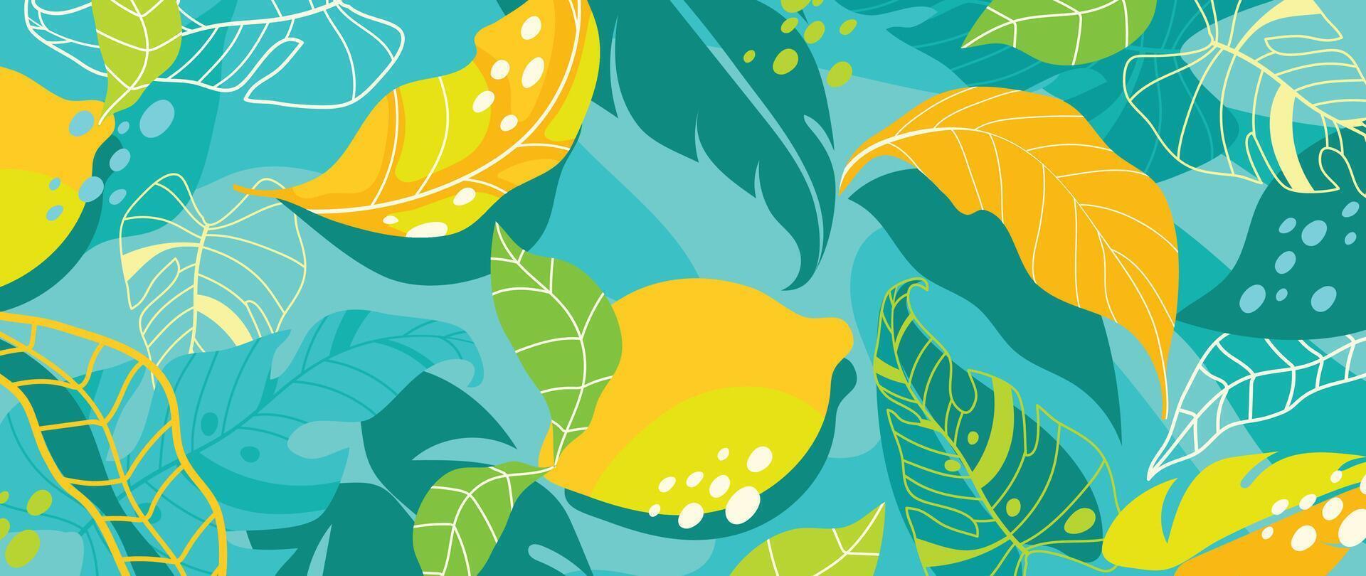 zomer tropisch oerwoud groen achtergrond vector. kleurrijk botanisch met exotisch plant, bloemen, palm bladeren, fruit, citroen. gelukkig zomertijd illustratie voor poster, omslag, banier, afdrukken. vector