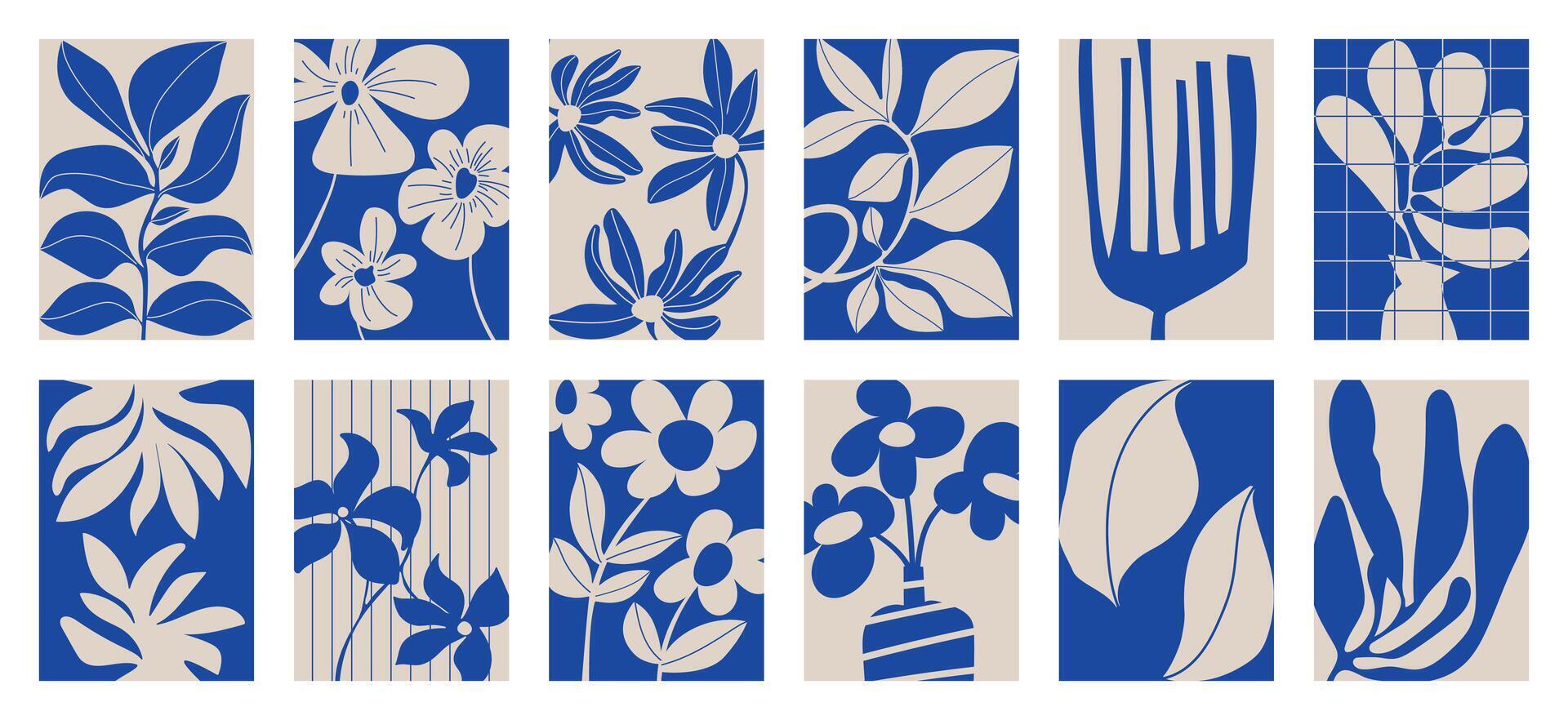 botanisch tekening achtergrond vector set. bloem en bladeren, blauw kleur. abstract vorm tekening kunst ontwerp voor afdrukken, behang, clip art, muur kunst voor huis decoratie.