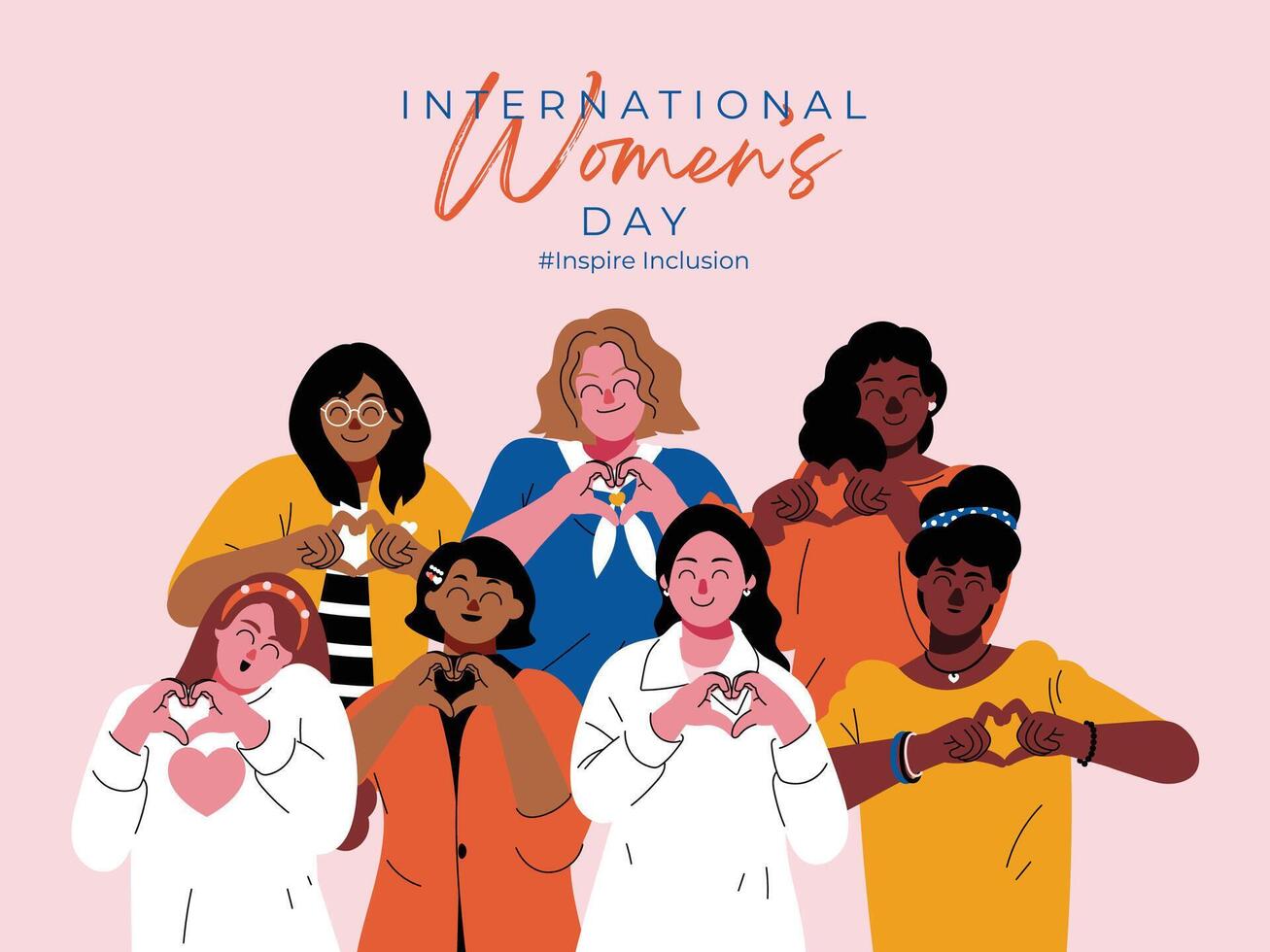 Internationale vrouwen dag banier vector. inspireren inclusie hekje leuze met hand- getrokken Dames karakter van verschillend achtergrond hart vorm hand- gebaar. ontwerp voor poster, campagne, sociaal media. vector