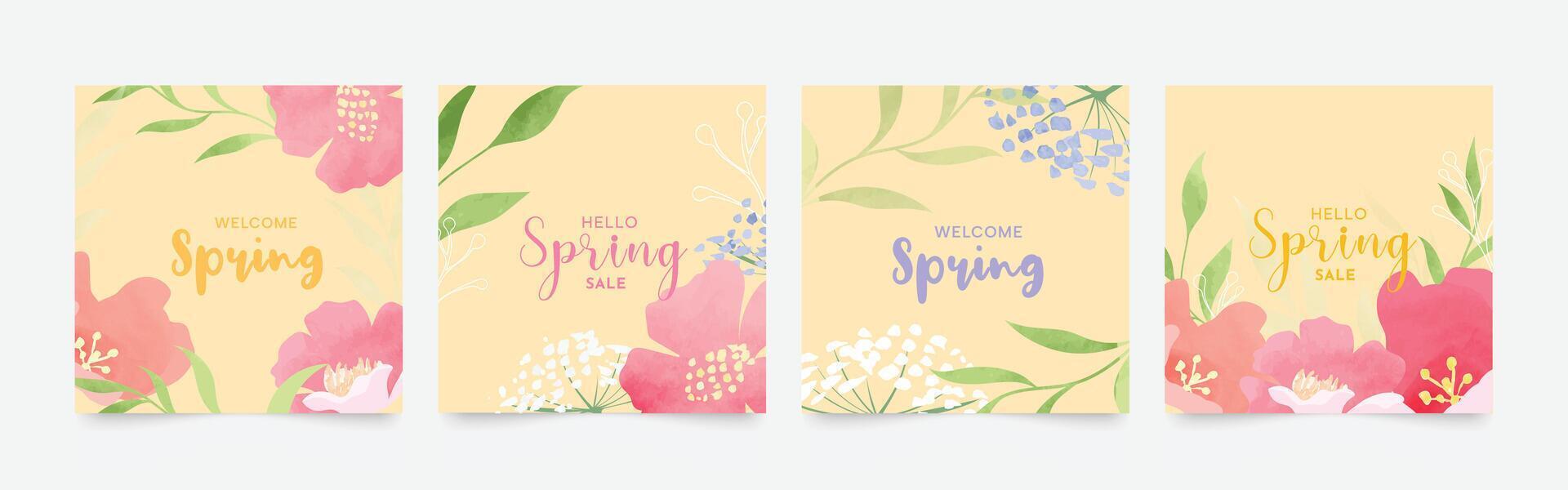 voorjaar seizoen bloemen plein Hoes vector. reeks van banier ontwerp met bloemen, bladeren, tak, waterverf textuur. kleurrijk bloesem achtergrond voor sociaal media na, website, bedrijf, advertenties. vector