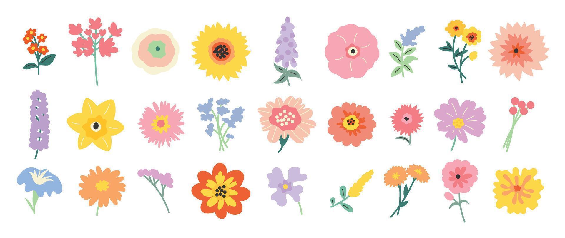 verzameling van voorjaar kleurrijk bloem elementen vector. reeks bloemen van wilde bloem, blad tak, gebladerte Aan wit achtergrond. hand- getrokken bloesem illustratie voor decor, Pasen, dankzegging, clip art. vector