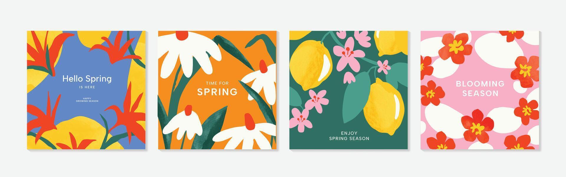 voorjaar seizoen bloemen plein Hoes vector. reeks van banier ontwerp met bloemen, bladeren, tak, waterverf textuur. kleurrijk bloesem achtergrond voor sociaal media na, website, bedrijf, advertenties. vector