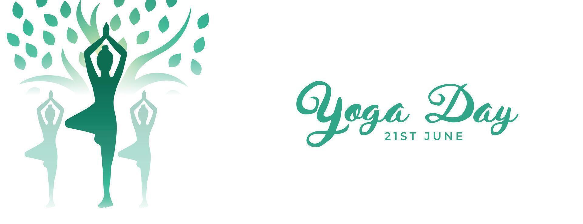 21e juni wereld yoga dag banier met artistiek boom en oefening houding vector