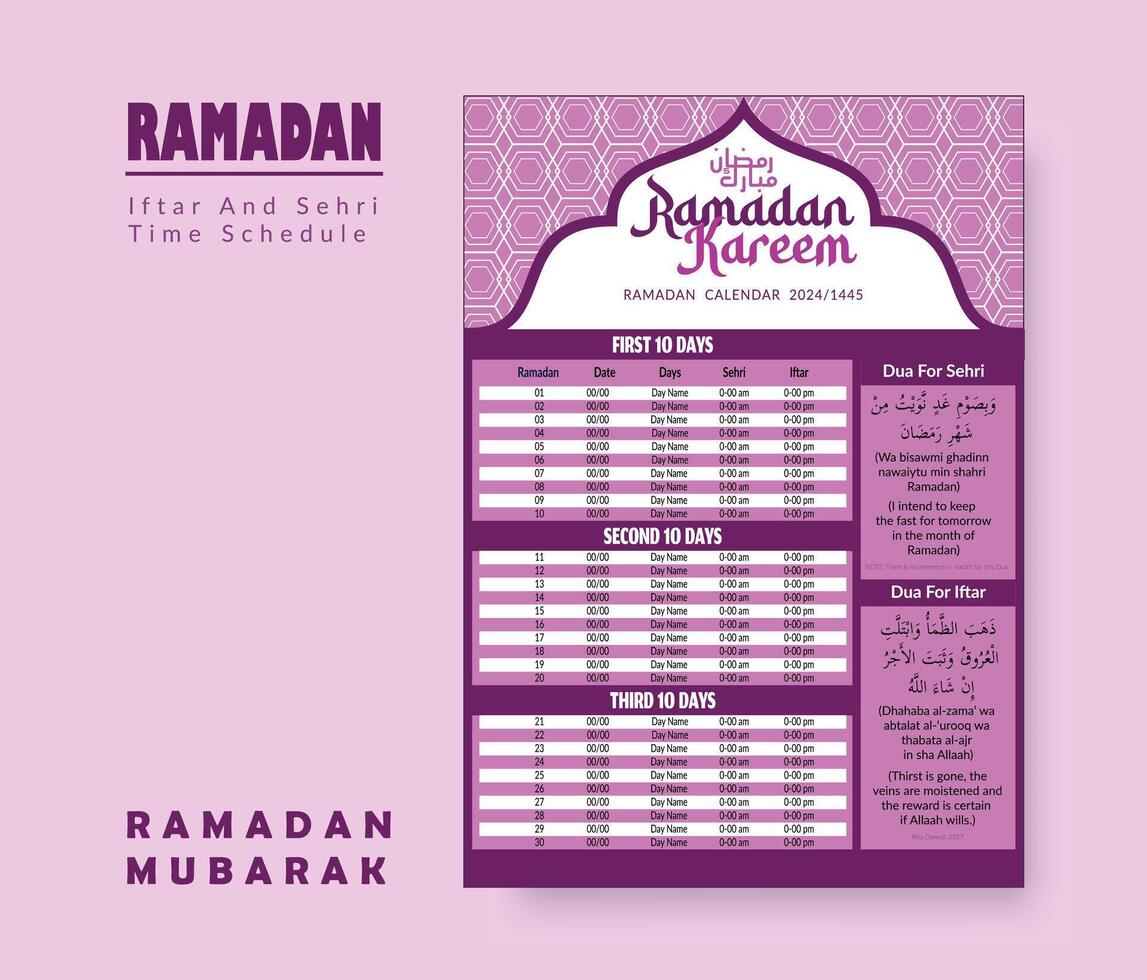 Ramadan kalender ontwerp sjabloon 2024, Ramadan schema, imsakia ontwerp voor Ramadan kareem 2024 - 1445 gebed keer in Ramadan, Islamitisch kalender en sehri ifter tijd schema. vector