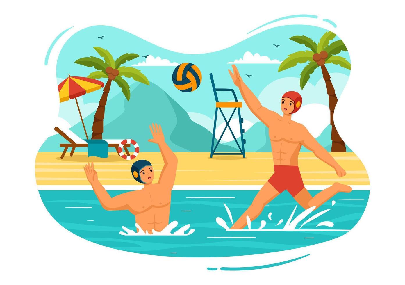 water polo sport vector illustratie met speler spelen naar Gooi de bal Aan de tegenstander doel in de zwemmen zwembad in vlak tekenfilm achtergrond