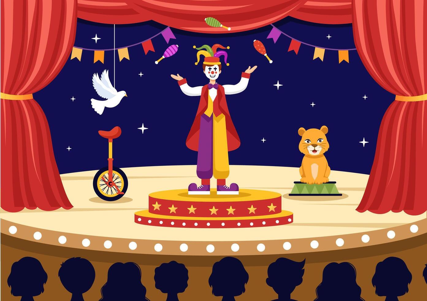 circus vector illustratie met tonen van gymnast, goochelaar, dier leeuw tijger, gastheer, entertainer, clowns en amusement park in vlak tekenfilm achtergrond