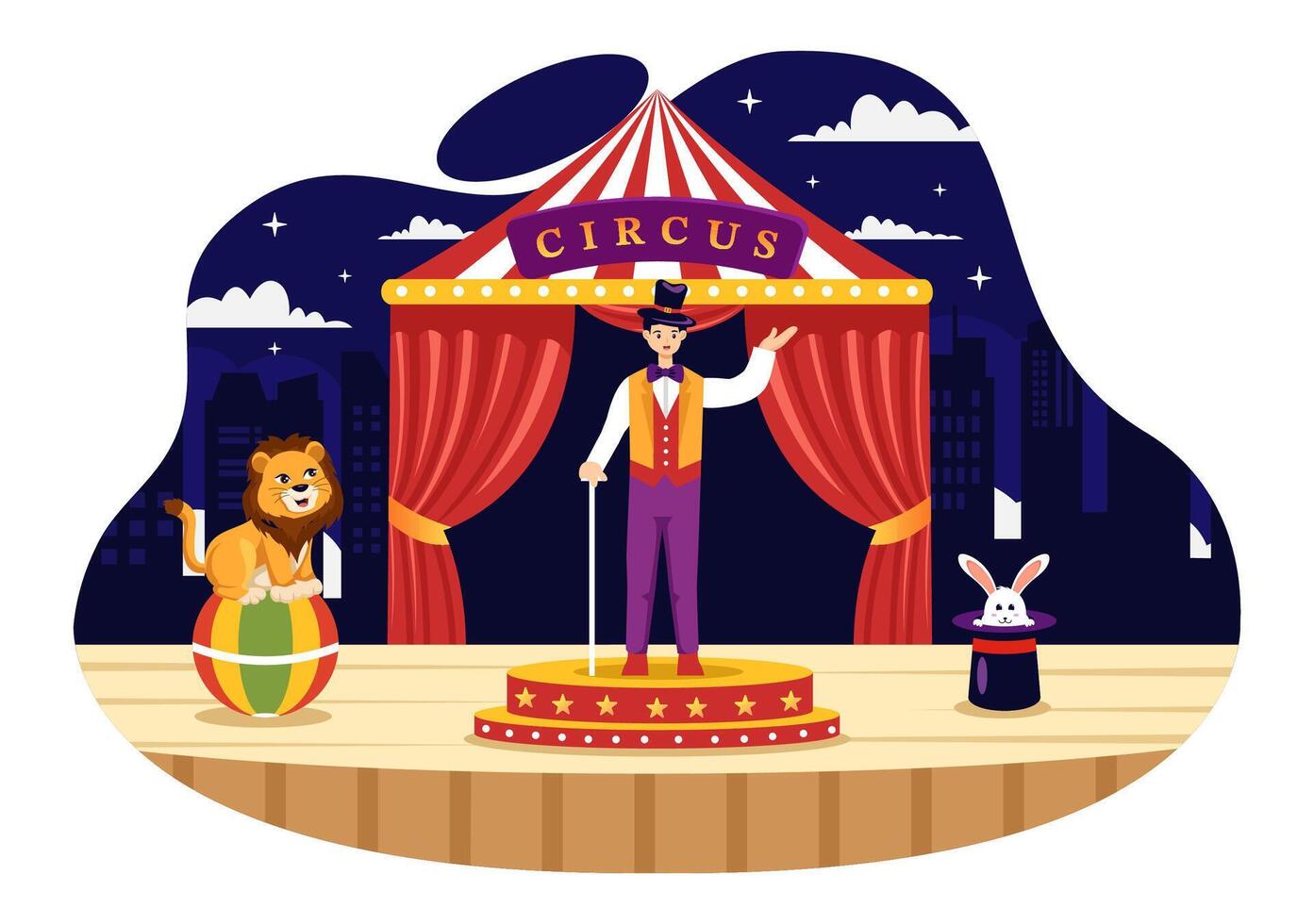 circus vector illustratie met tonen van gymnast, goochelaar, dier leeuw tijger, gastheer, entertainer, clowns en amusement park in vlak tekenfilm achtergrond