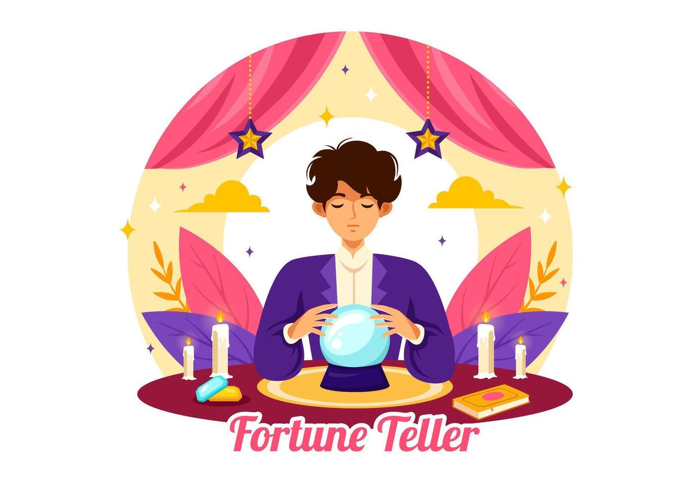 fortuin teller vector illustratie met kristal bal, magie boek of tarot voor voorspelt lot en vertellen de toekomst concept in vlak tekenfilm achtergrond