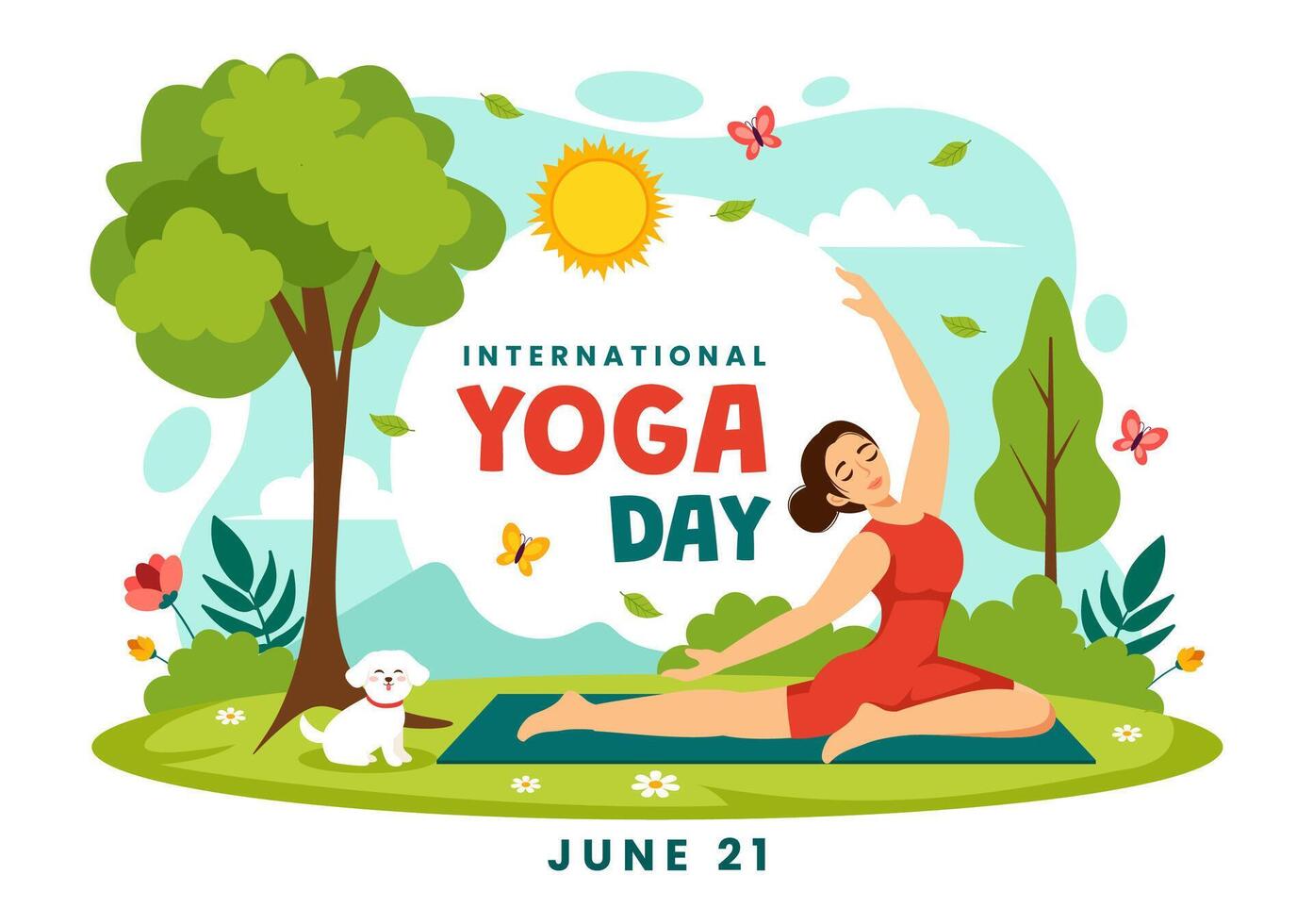 Internationale yoga dag vector illustratie Aan juni 21 met vrouw aan het doen lichaam houding praktijk of meditatie in gezondheidszorg vlak tekenfilm achtergrond