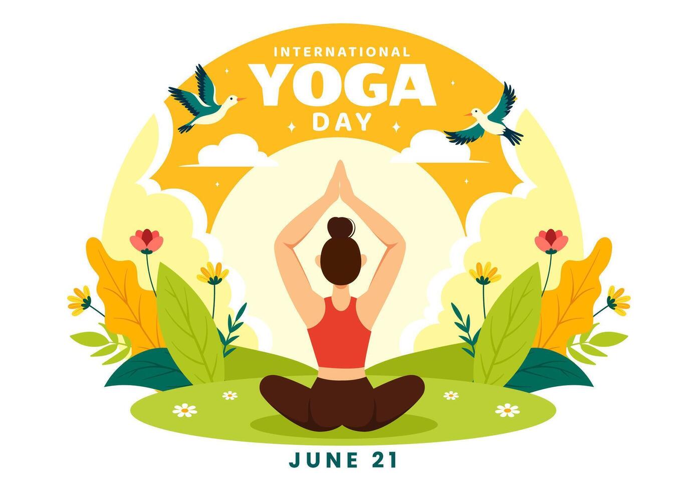 Internationale yoga dag vector illustratie Aan juni 21 met vrouw aan het doen lichaam houding praktijk of meditatie in gezondheidszorg vlak tekenfilm achtergrond