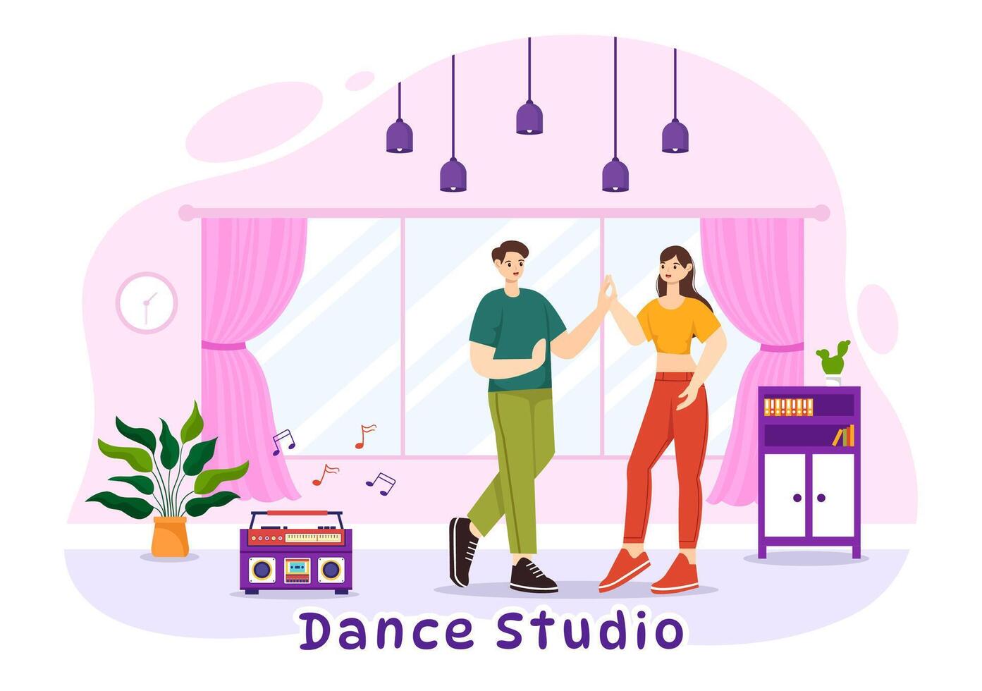 dans studio vector illustratie met dansen paren het uitvoeren van vergezeld door muziek- in vlak tekenfilm achtergrond ontwerp