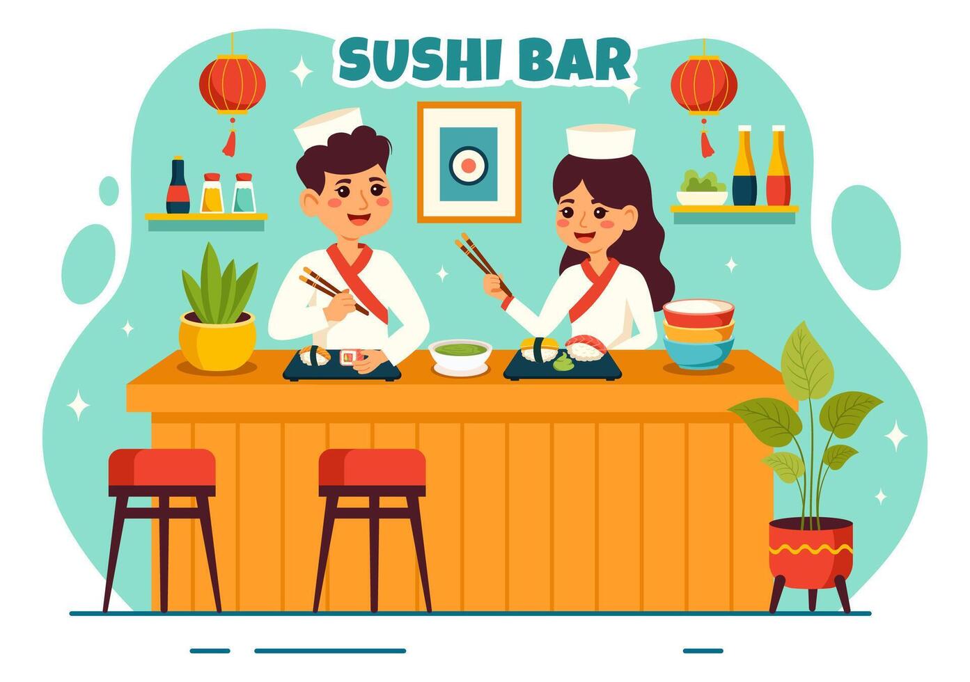 sushi bar vector illustratie van Japan Aziatisch voedsel of restaurant van sashimi en rijst- voor aan het eten met soja saus en wasabi in vlak tekenfilm achtergrond