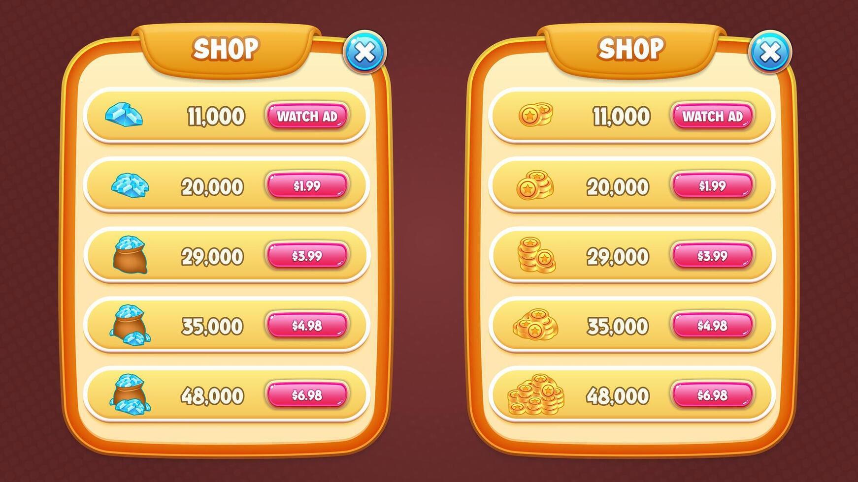 spel ui vector reeks - diamant winkel en munt winkel pop-ups, toetsen voor gebouw 2d spellen Aan mobiel en web. deze all-inclusive grafisch gebruiker koppel gui reeks is in een zacht stijl.