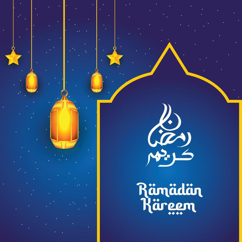 Ramadan kareem groeten sociaal media post met sterren, lantaarns, Arabisch caligraphy ontwerp sjabloon vector