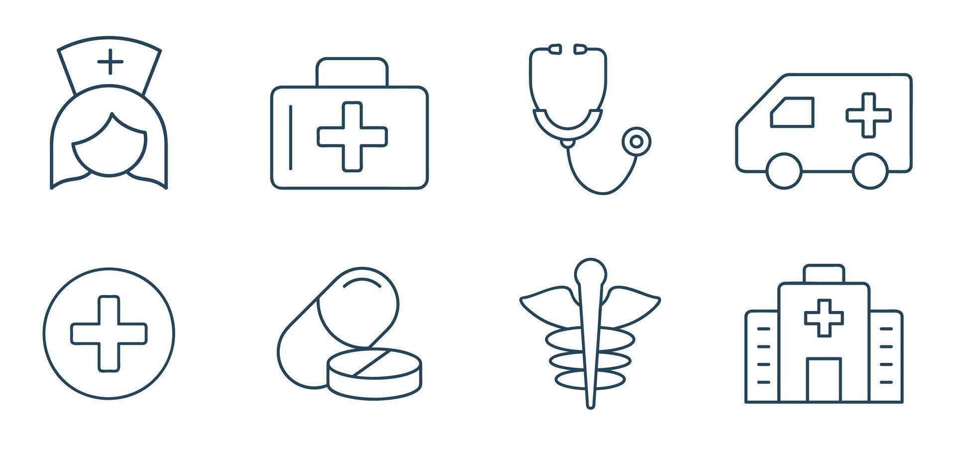 medisch lijn icoon reeks vector. gezondheidszorg, ziekenhuis, verpleegster, geneesmiddel, illustratie vector