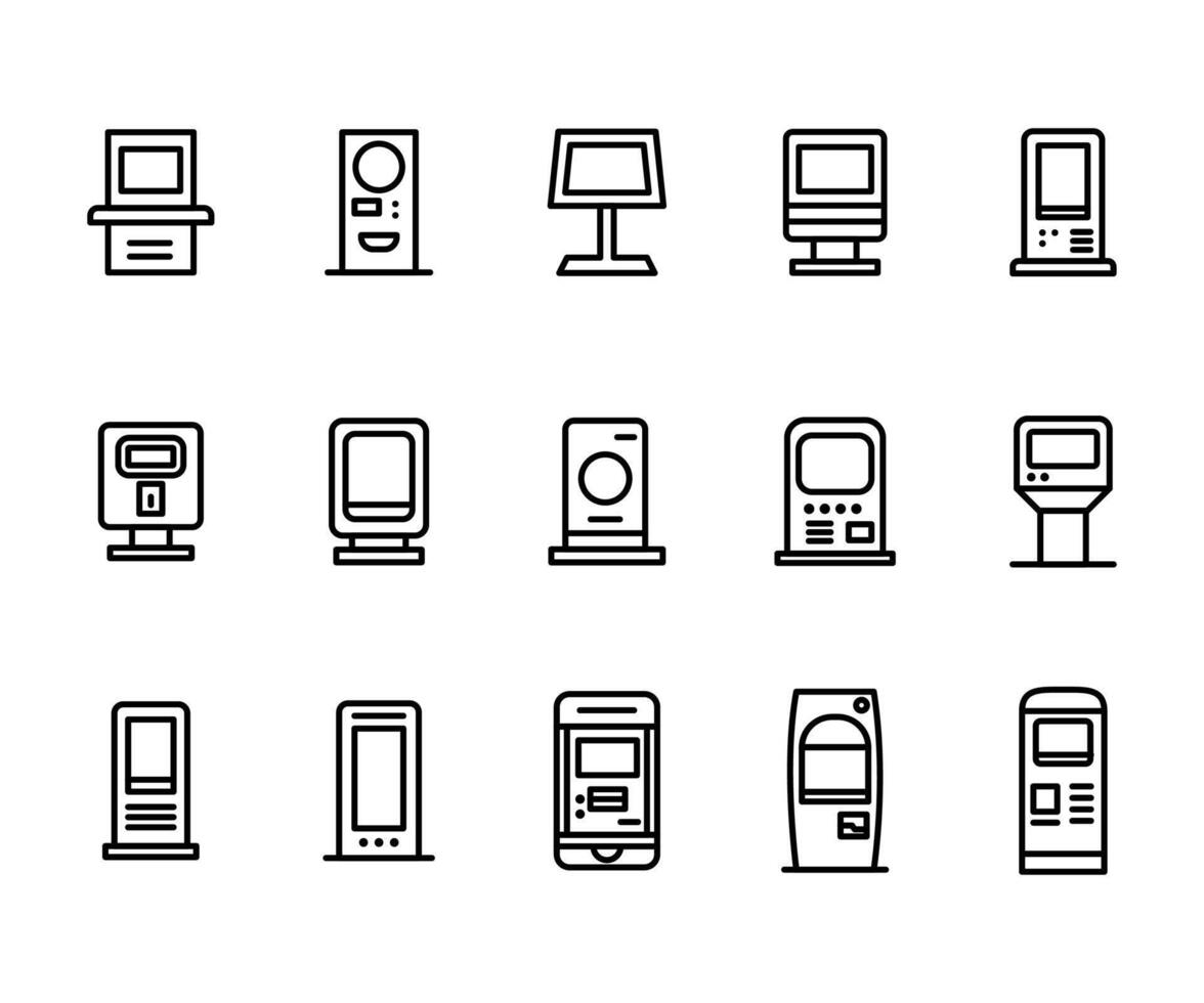 vector zwart lijn icoon reeks kiosk terminal. onderhoud interactief digitaal betaling machine pictogram. scherm computer voor bestellen en bedrijf symbool. luchthaven Geldautomaat bank paneel voor reizen