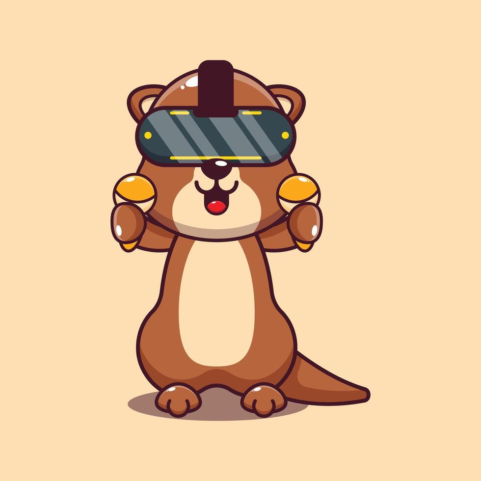 schattig Otter spelen virtueel realiteit tekenfilm vector illustratie.