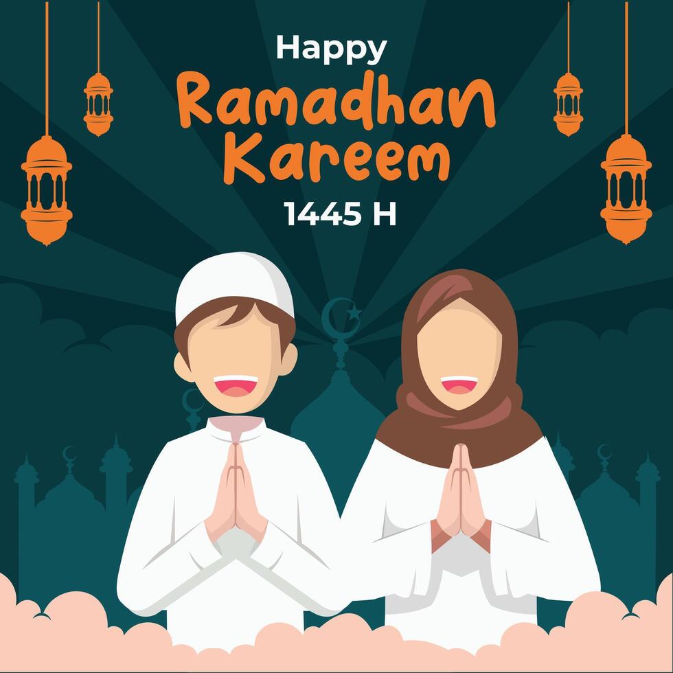 gelukkig Ramadhan kareem 1445 groet kaart vector geïsoleerd. Islamitisch moslim tekenfilm. het beste voor moslim en Ramadhan verwant industrie