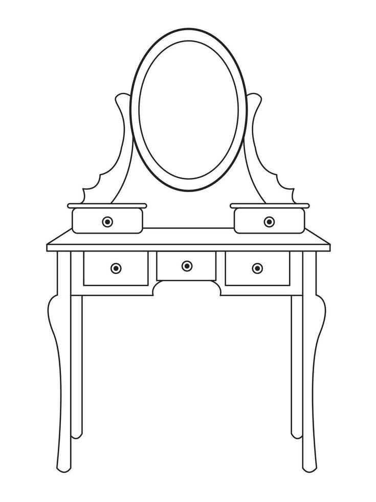 dressing tafel en andere meubilair. dressing kamer in schets stijl. interieur kamer met spiegel ijdelheid bedenken en accessoires. vector illustratie.