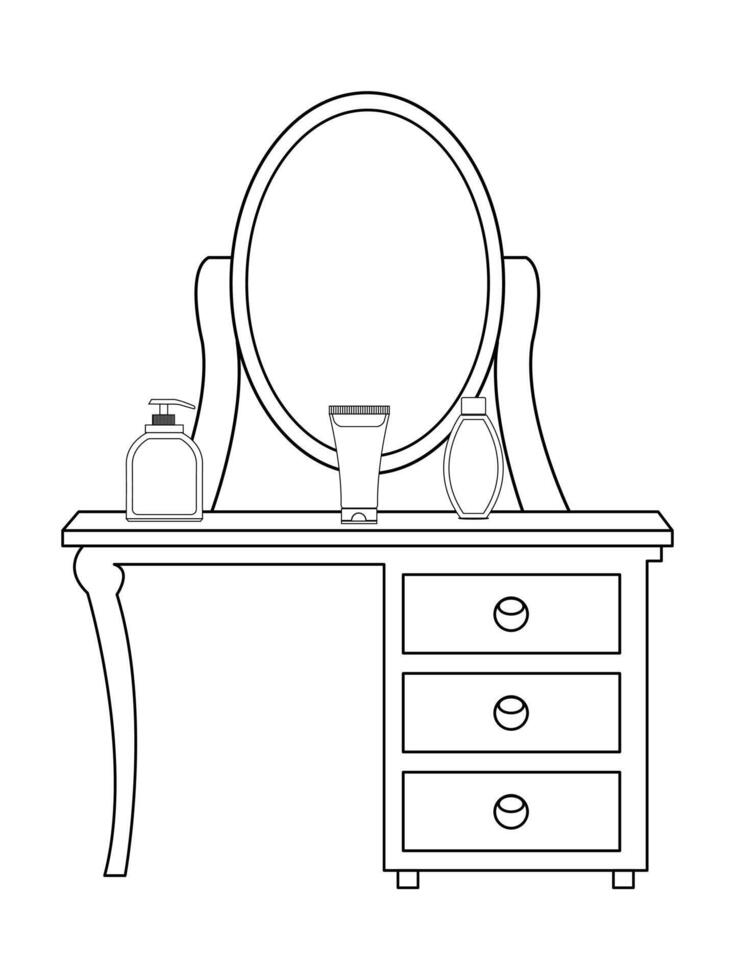 dressing tafel en andere meubilair. dressing kamer in schets stijl. interieur kamer met spiegel ijdelheid bedenken en accessoires. vector illustratie.