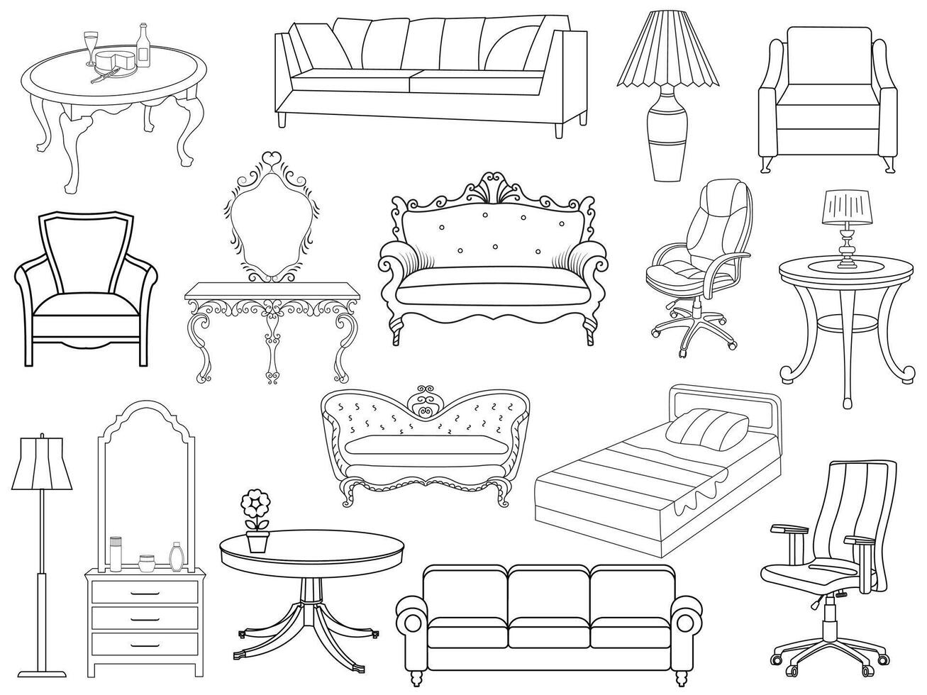 verzameling van elegant modern meubilair en huis interieur decoraties van trendy. keuken, slaapkamer, sofa tafel, boekenkast kast, stoel, matras, lampen, ladder vector illustraties.