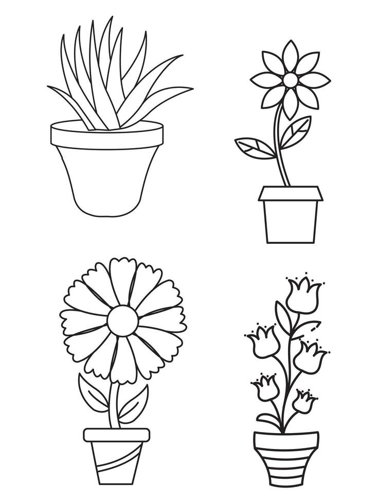 bloemen en potten, interieur ontwerp, mooi bloemen planten, fabriek schets tekening vector set, vetplanten in potten. bloemen in een pot.