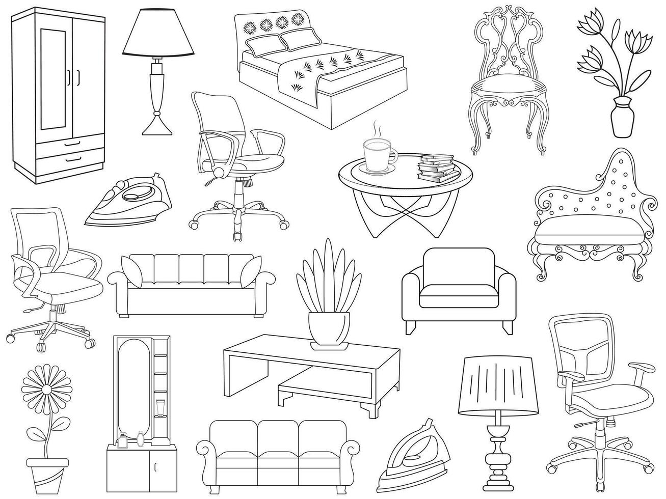 verzameling van elegant modern meubilair en huis interieur decoraties van trendy. keuken, slaapkamer, sofa tafel, boekenkast kast, stoel, matras, lampen, meubilair vector illustratie set.