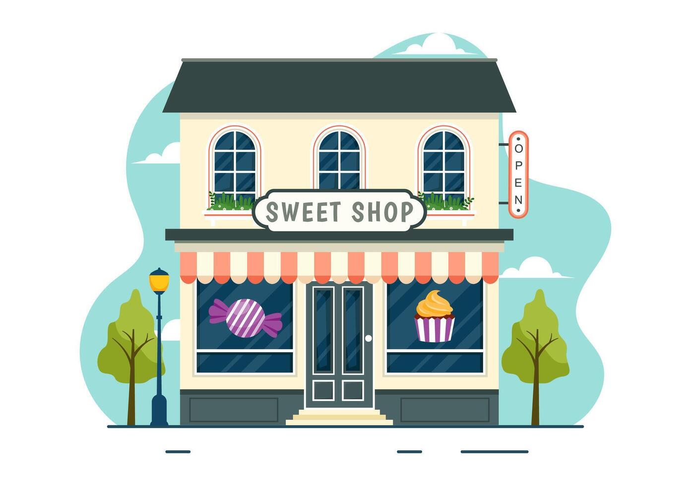 zoet winkel vector illustratie met verkoop divers bakkerij producten, koekje, taart, gebakje of snoep in vlak tekenfilm achtergrond ontwerp