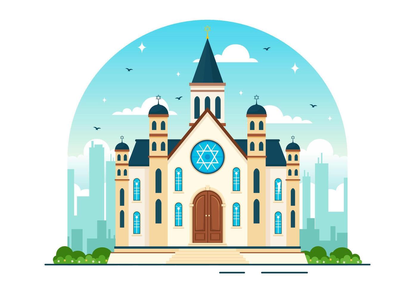 synagoge gebouw of Joods tempel vector illustratie met religieus, Hebreeuws of jodendom en Jood aanbidden plaats in vlak tekenfilm achtergrond