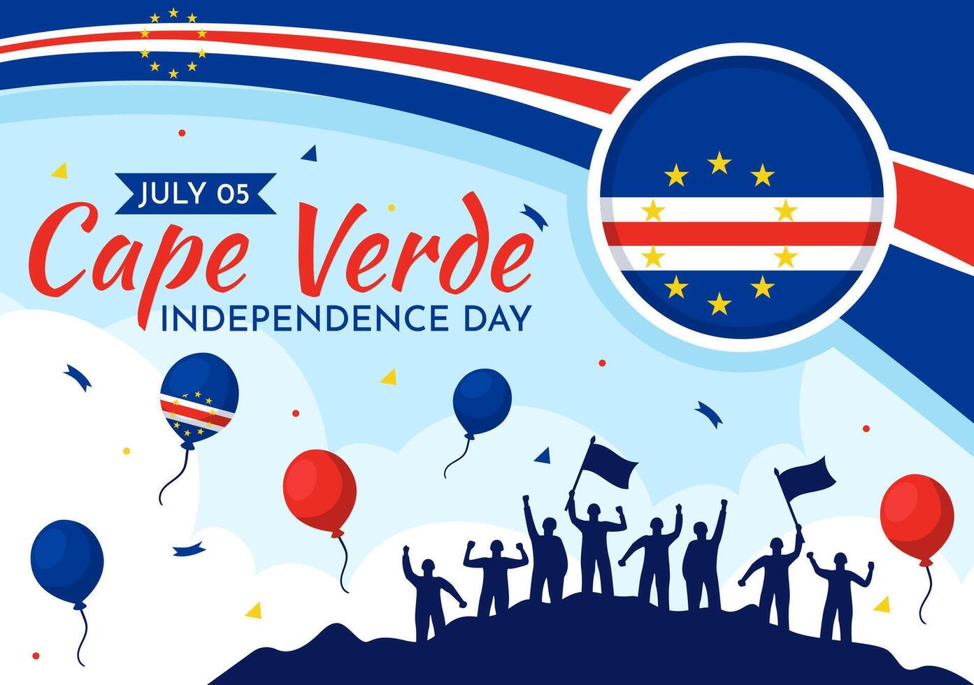 gelukkig kaap verde onafhankelijkheid dag vector illustratie Aan juli 5 met golvend vlag en lint in nationaal vakantie vlak tekenfilm achtergrond