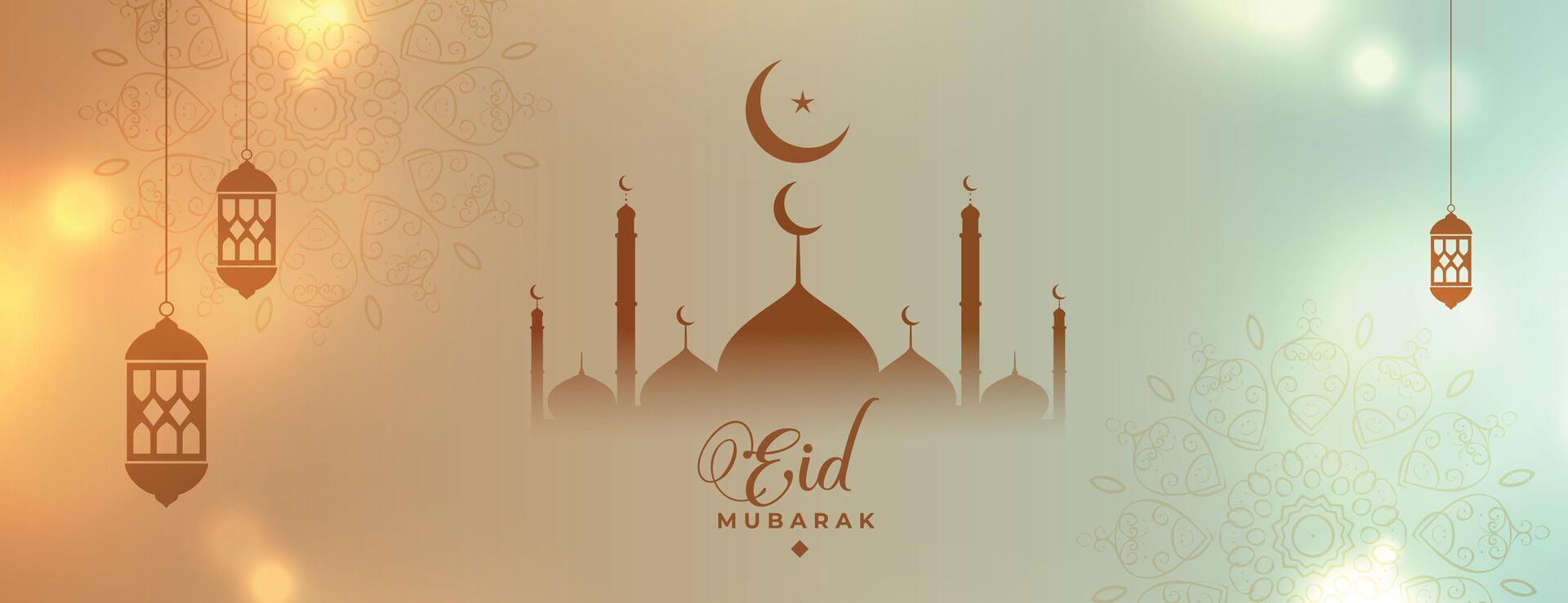 glimmend eid mubarak festival banier met moskee en maan vector