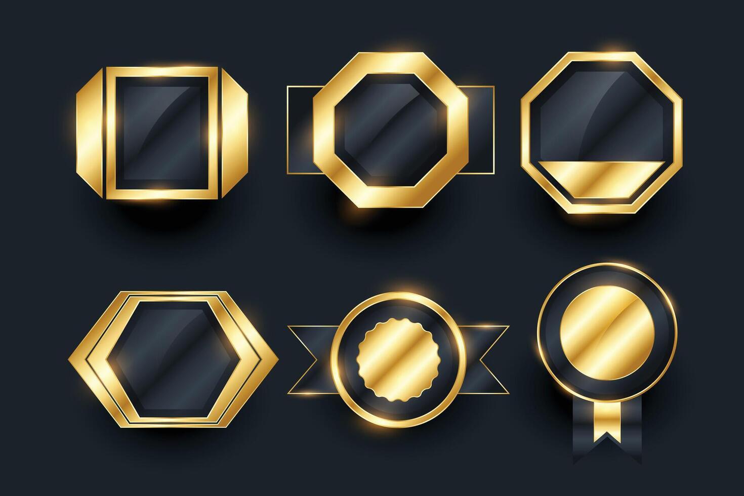 realistisch gouden leeg badges en etiketten reeks van zes vector