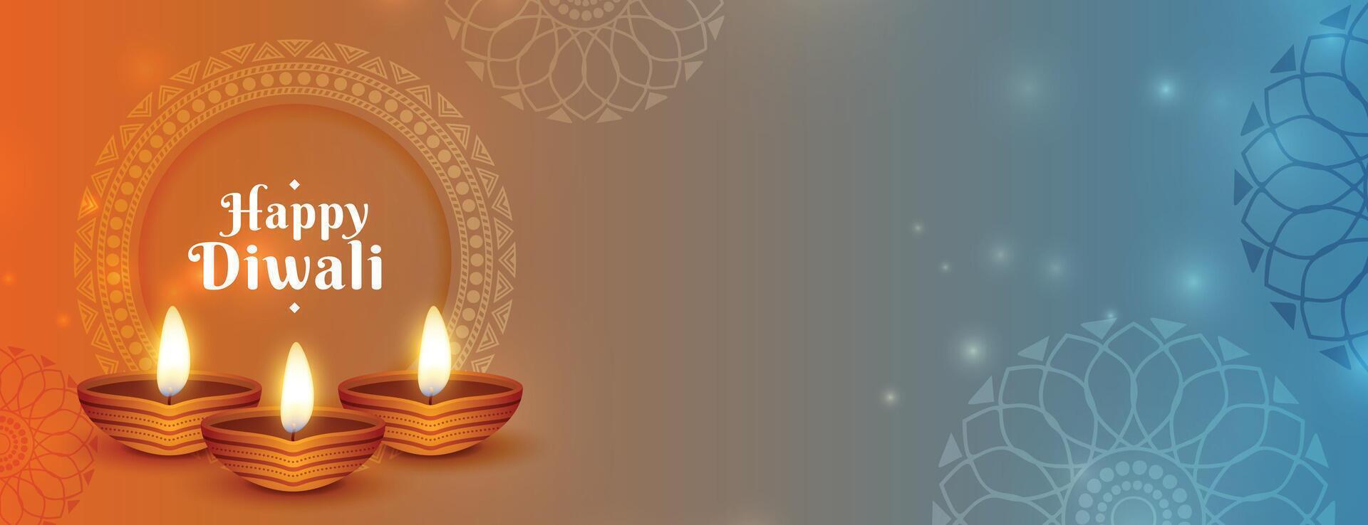 elegant gelukkig diwali vakantie banier met diya en mandala kader vector