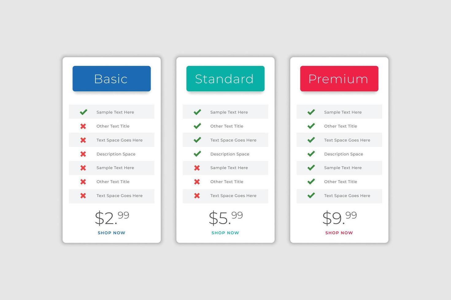 web app prijzen vergelijking tafel sjabloon vector