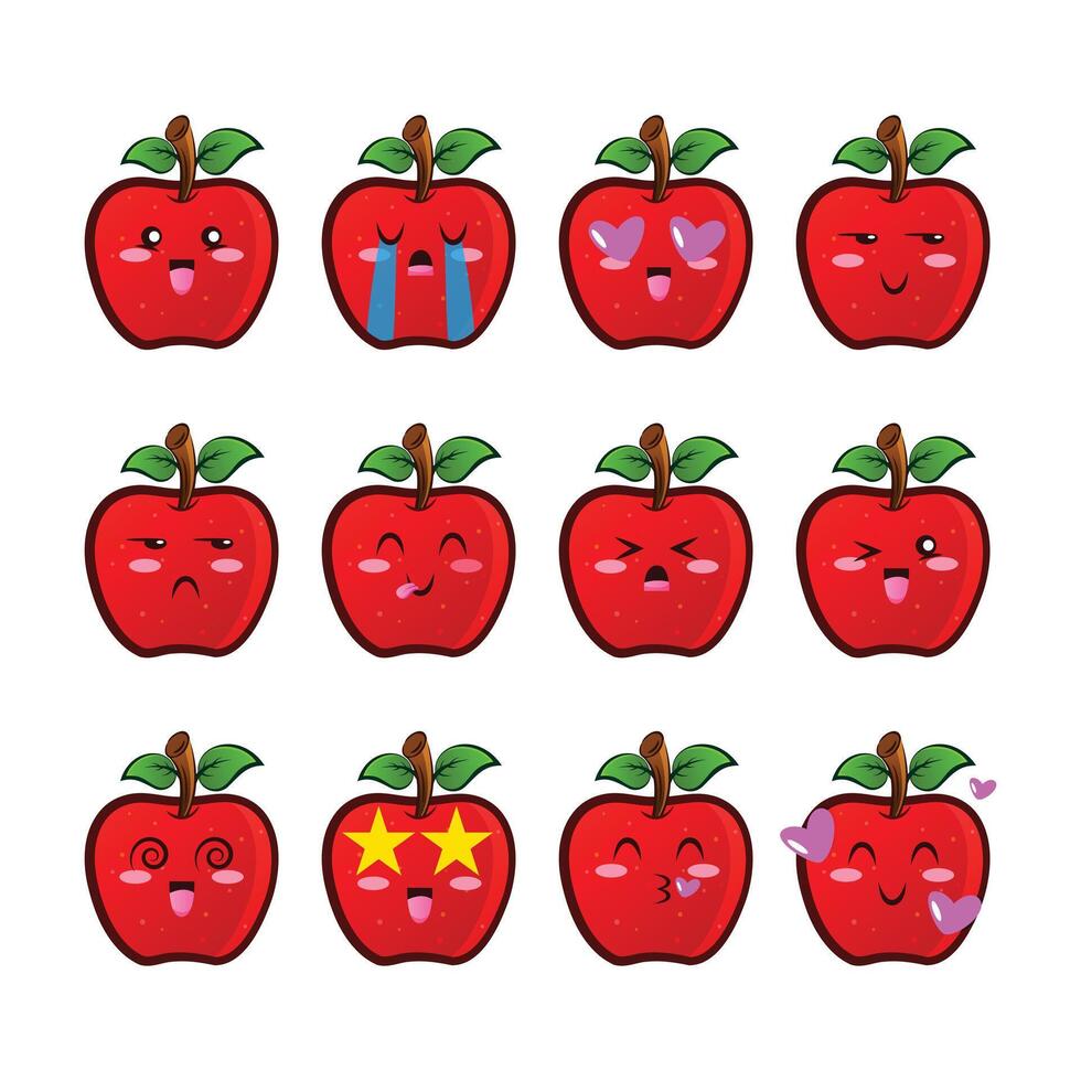 reeks appel pictogrammen emoji's. verzameling van fruit emoticons in tekenfilm stijl geïsoleerd Aan wit achtergrond, vector illustratie