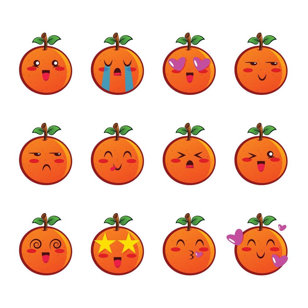 reeks oranje pictogrammen emoji's. verzameling van fruit emoticons in tekenfilm stijl geïsoleerd Aan wit achtergrond, vector illustratie