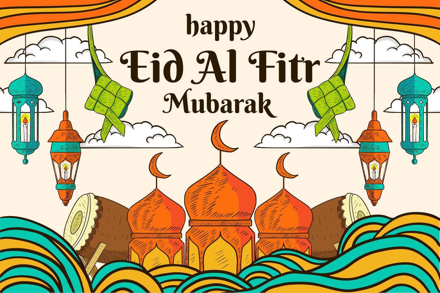 hand- getrokken gelukkig eid al fitr mubarak achtergrond illustratie vector