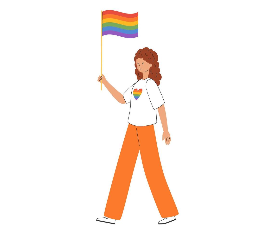 lgbt gemeenschap. vrouw lesbienne of biseksueel houden regenboog vlag. trots optocht. lgbtq trots maand. vector illustratie in vlak stijl