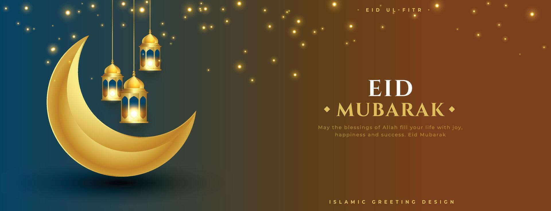 decoratief eid mubarak wensen banier met 3d maan en lamp vector