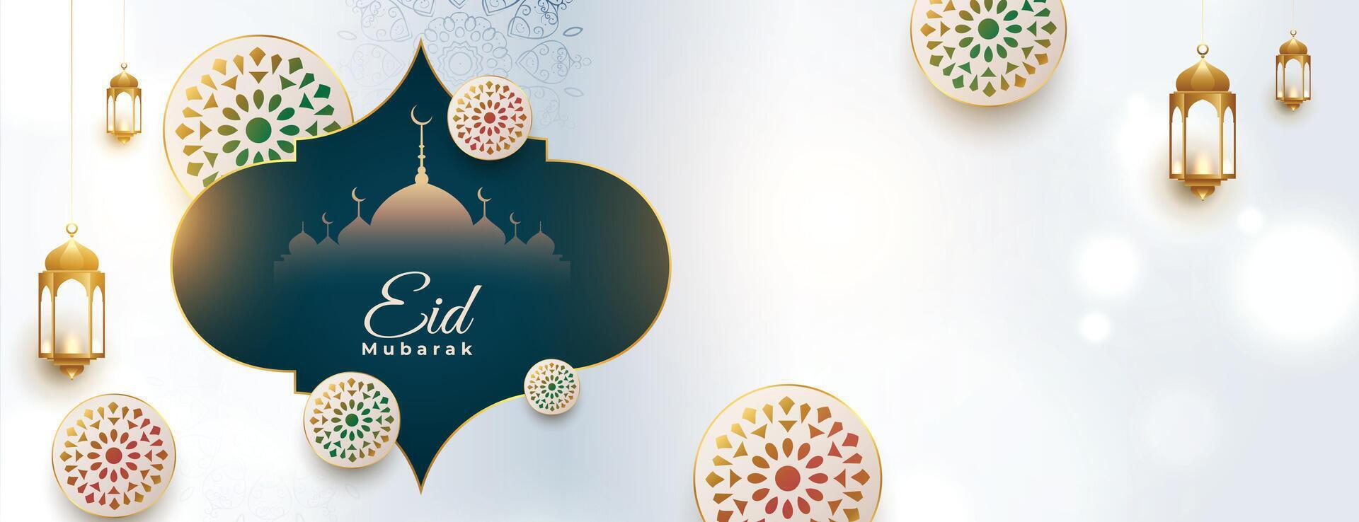 realistisch eid mubarak festival breed banier met tekst ruimte vector