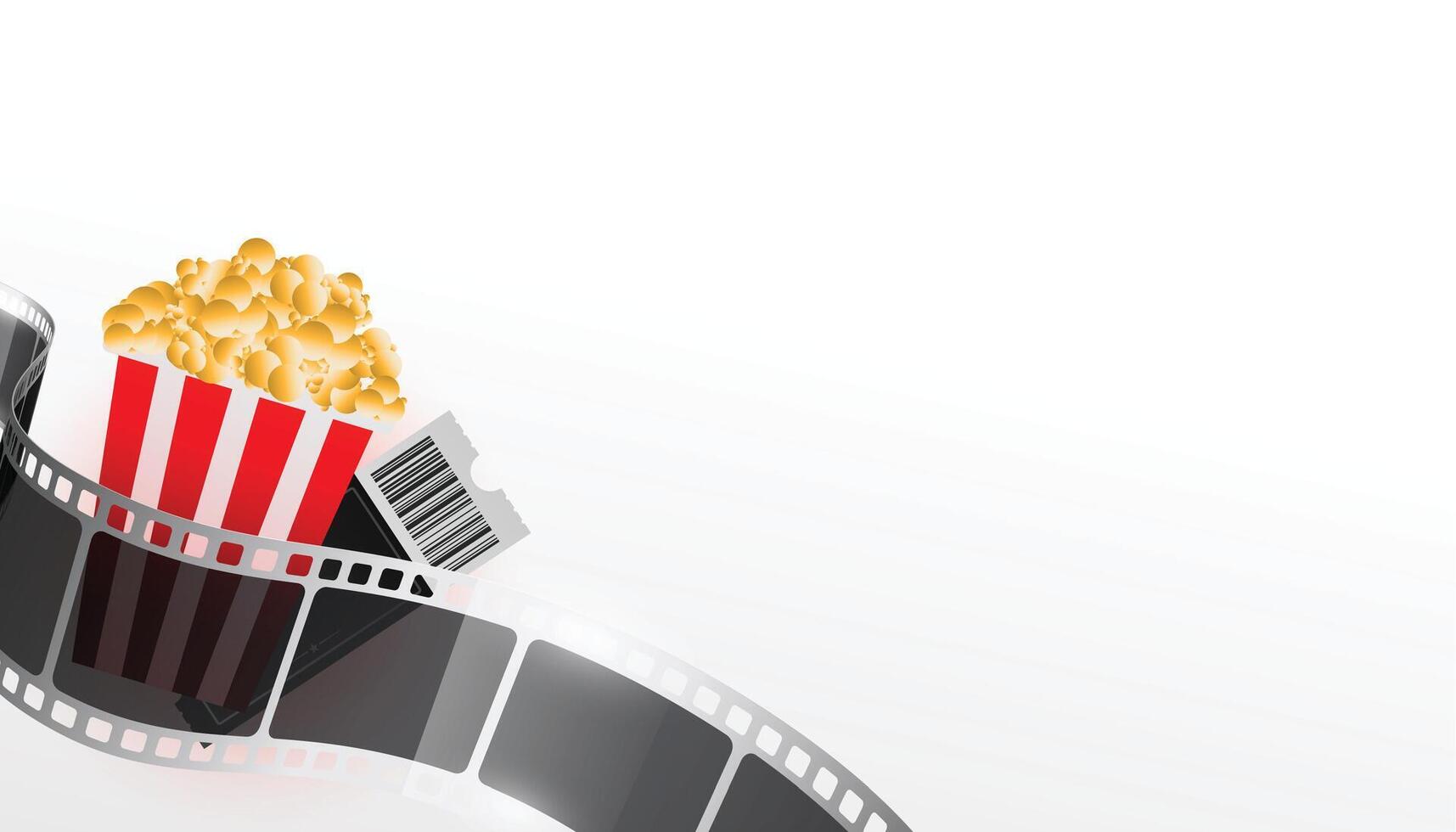 realistisch film strip met popcorn en film ticket vector