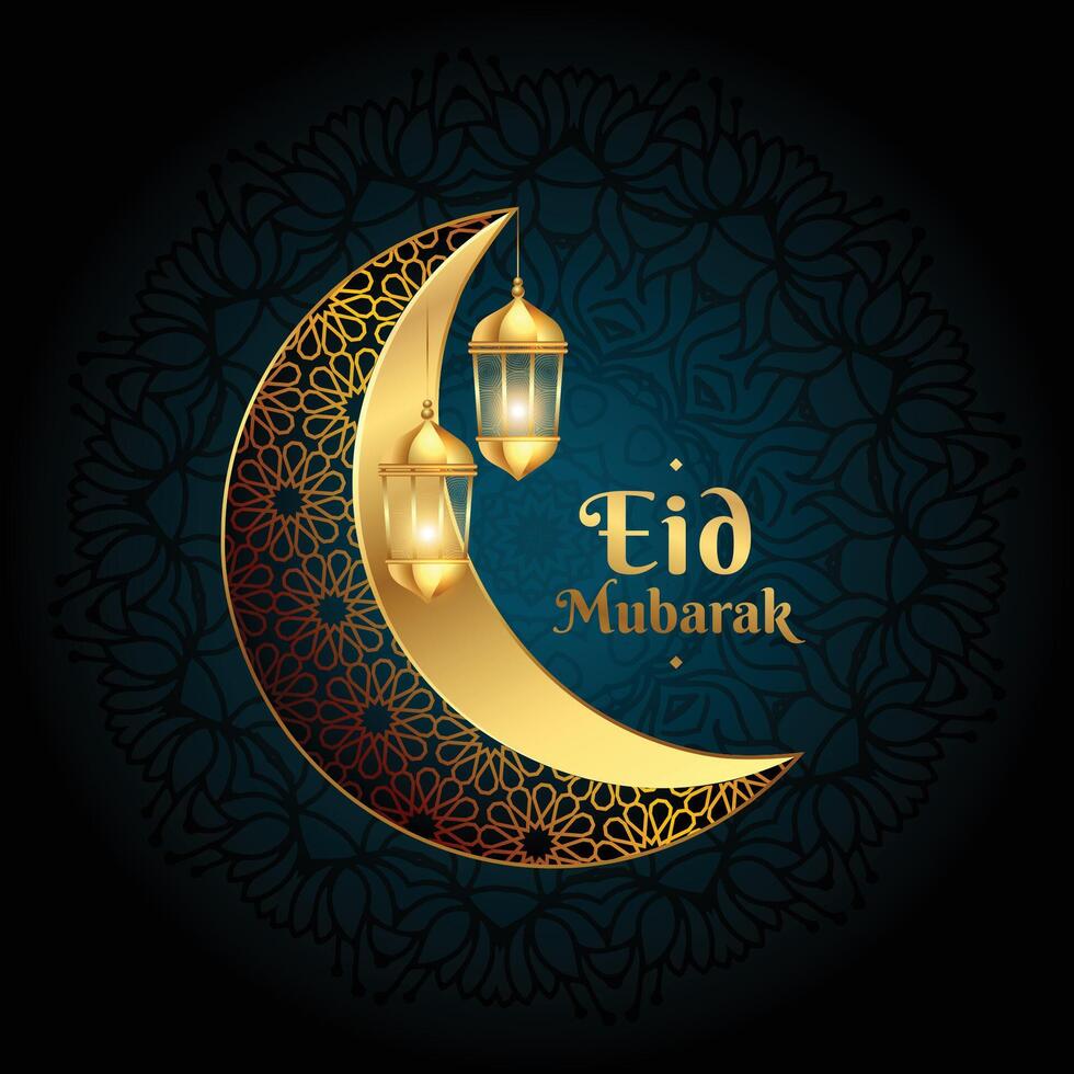 realistisch 3d eid mubarak maan en lantaarn groet vector